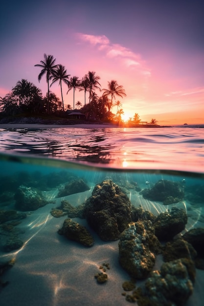 Una playa tropical y una isla tropical con palmeras y una puesta de sol rosa