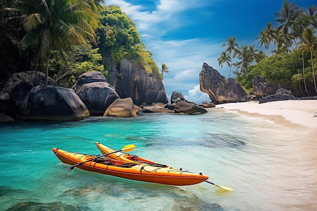 Playa tropical con kayak en el océano