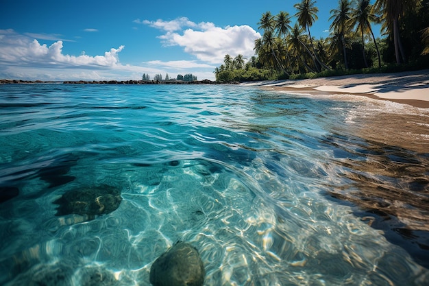 Foto playa tropical en las maldivas con pocas palmeras y una laguna azul