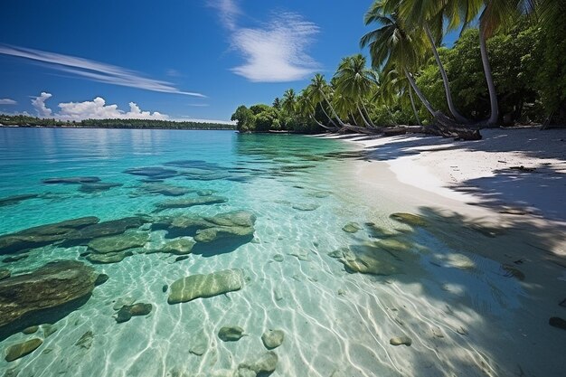 Foto playa tropical en las maldivas con pocas palmeras y una laguna azul