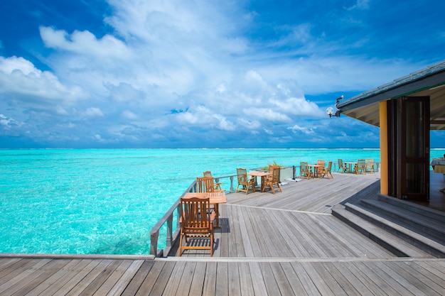 Playa tropical en Maldivas con pocas palmeras y laguna azul