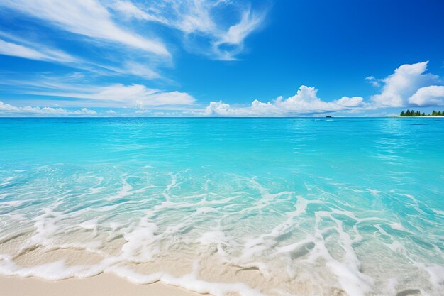 playa tropical en las Maldivas con pocas palmeras y una laguna azul