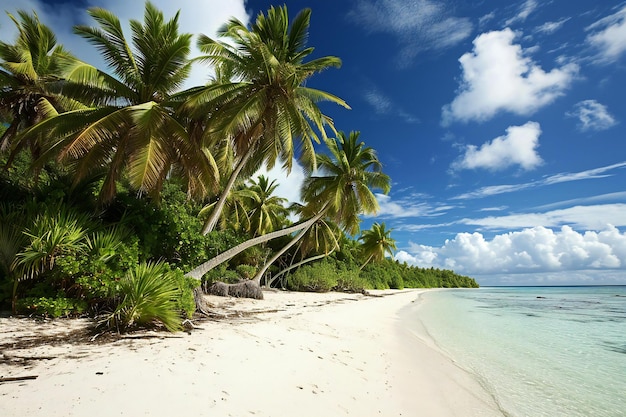 Playa tropical en las Maldivas con pocas palmeras y una laguna azul