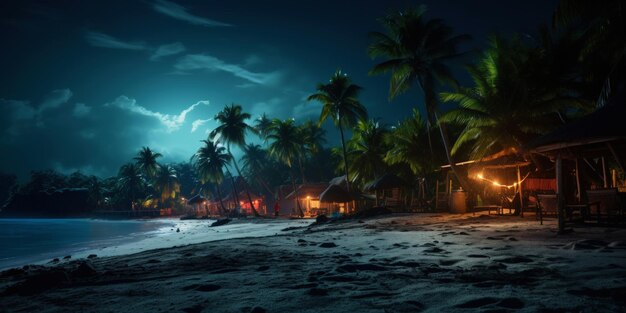 Playa tropical por la noche con palmeras y bungalows paisaje marino IA generativa