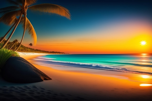 Una playa tropical con una ola en la arena y palmeras al fondo.