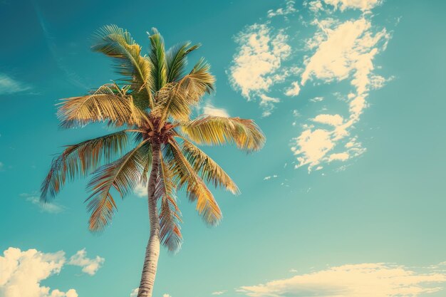 Playa tropical con palma y fondo de cielo azul Estilo vintage