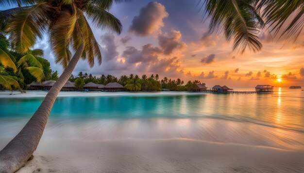 Foto una playa tropical con una palmera y una puesta de sol en el fondo