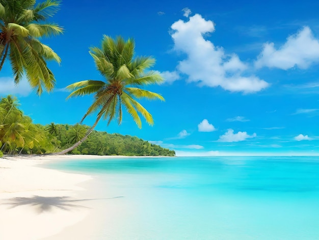playa tropical con palmeras y agua azul clara un horizonte cielo azul soleado y nubes idílicas