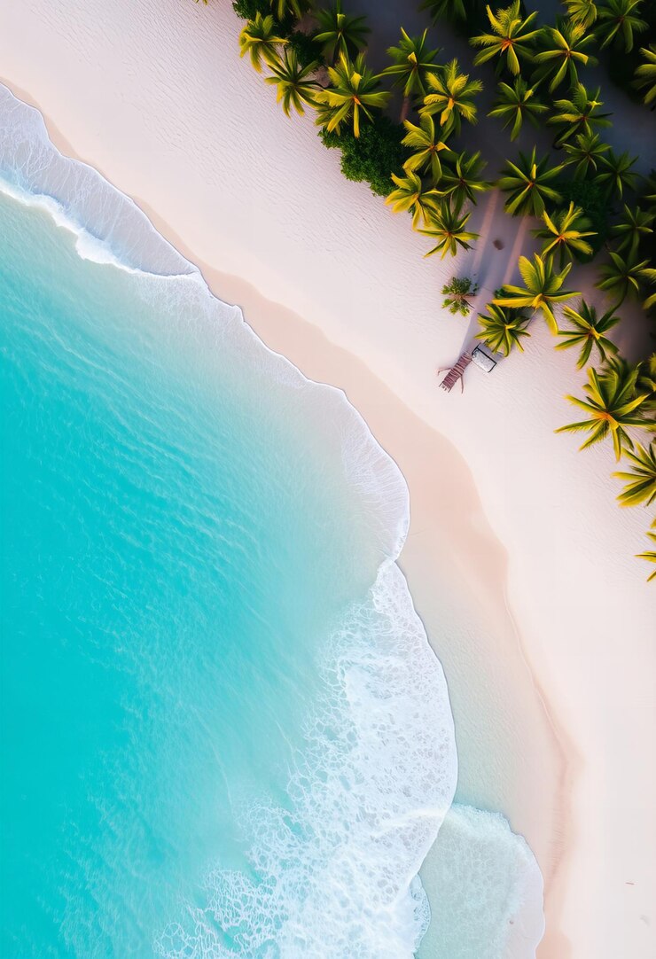 una playa tropical con palmeras y un agua azul