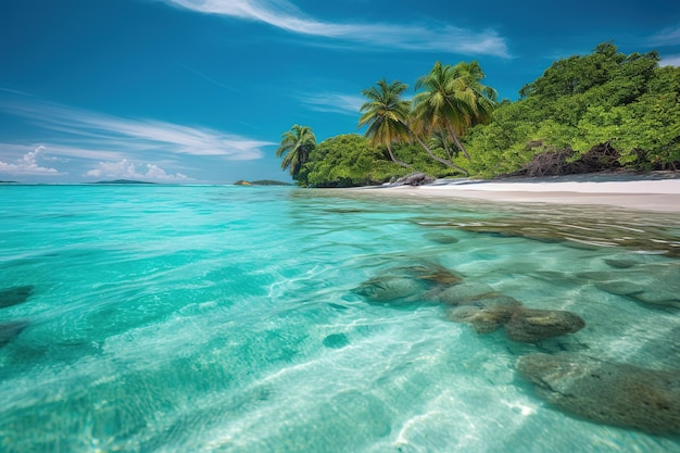 Una playa tropical con palmeras y un agua turquesa