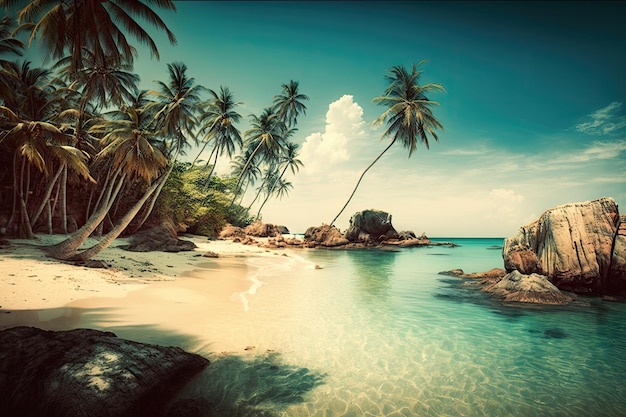 Playa tropical con palmeras y aguas cristalinas y costa desordenada en la distancia creada con ai generativo