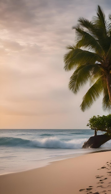 Playa tropical con palmeras al atardecer en las Seychelles