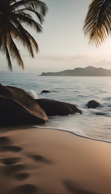 Playa tropical con palmeras al atardecer en las Seychelles