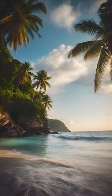 Playa tropical con palmeras al atardecer en las Seychelles