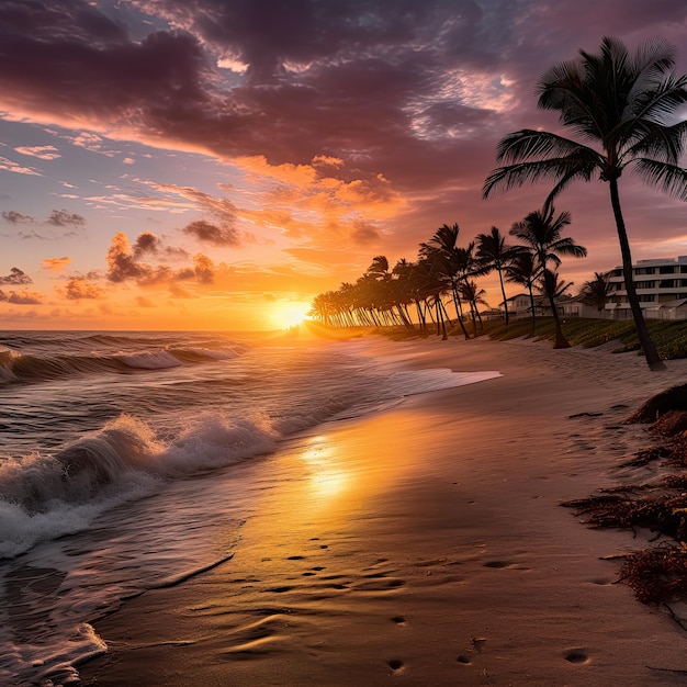 Playa tropical con palmeras al atardecer