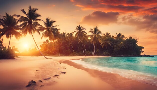 una playa tropical con palmeras y un atardecer