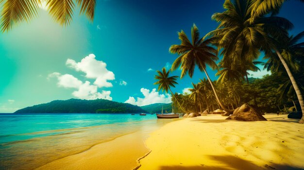 Playa tropical con palmeras y bote en el agua a lo lejos IA generativa