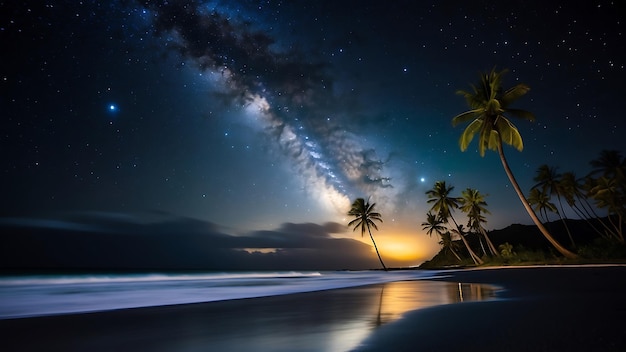 una playa tropical con palmeras y un cielo lleno de estrellas
