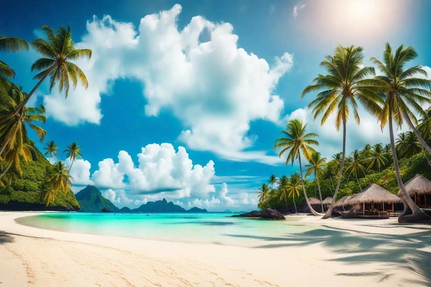 una playa tropical con palmeras y una escena de playa