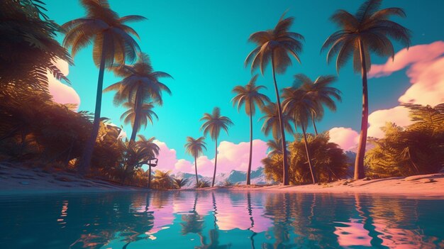 Una playa tropical con palmeras en el fondo.
