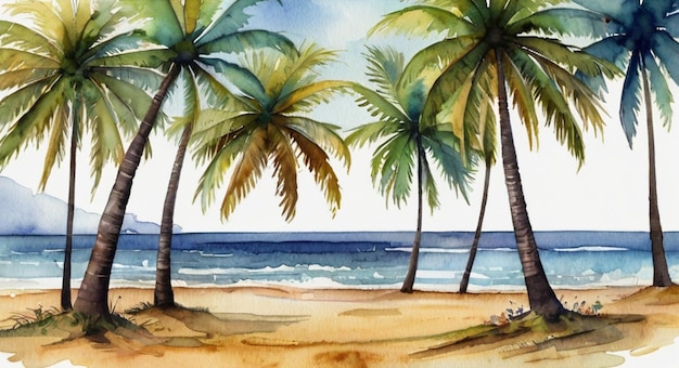 Foto playa tropical con palmeras ilustración en acuarela