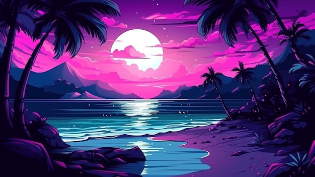 Playa tropical con palmeras y la luna al fondo