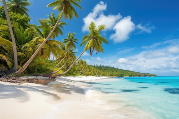 Playa tropical con palmeras y océano azul celeste en el fondo creado con ai generativo