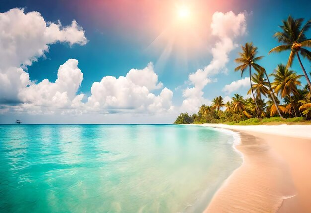 Foto una playa tropical con palmeras y una playa en el fondo