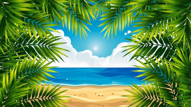 playa tropical con palmeras y una playa en el fondo
