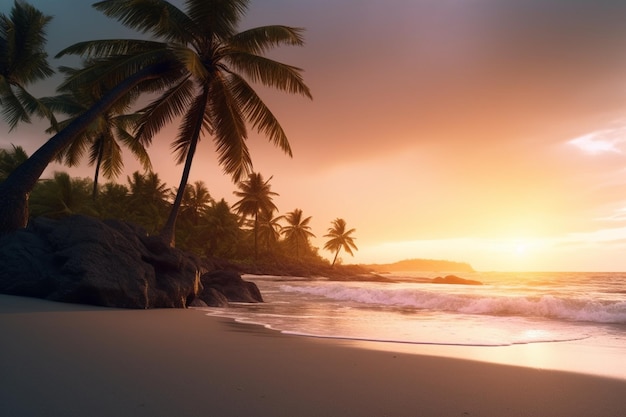 Una playa tropical con palmeras en la playa.