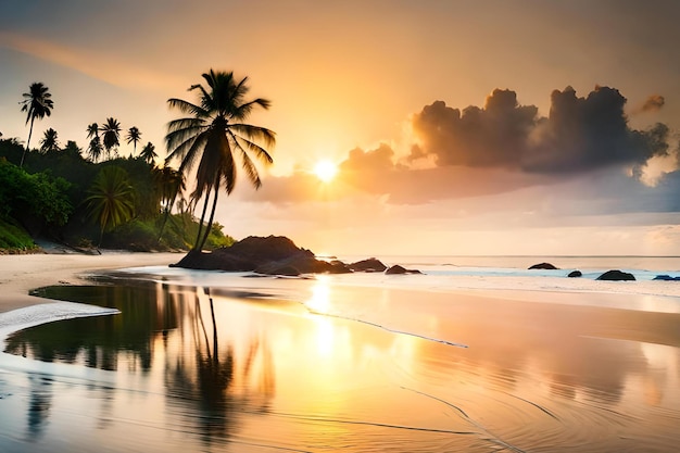 Una playa tropical con palmeras y puesta de sol.