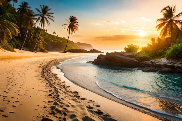 Una playa tropical con palmeras y puesta de sol.