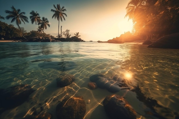 Una playa tropical con palmeras y puesta de sol.