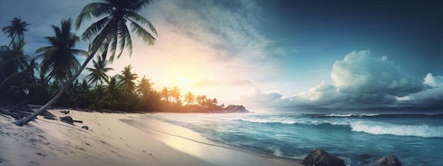 Una playa tropical con palmeras y puesta de sol.