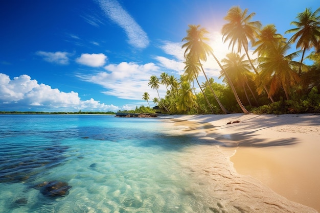 Playa tropical de palmeras con rocas y agua clara al estilo de panorama