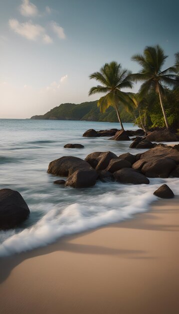 Foto playa tropical con palmeras y rocas de granito al atardecer seychelles