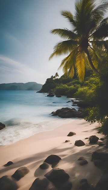 Playa tropical con palmeras y rocas en las Seychelles