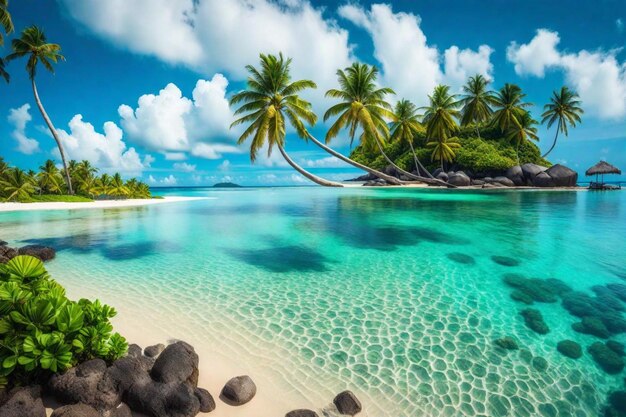 Foto una playa tropical con palmeras y rocas