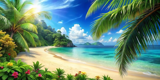 una playa tropical con palmeras y un sol en el fondo