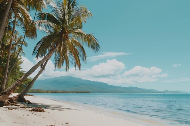 Una playa tropical con palmeras y el sol