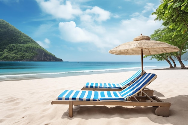 Playa tropical con pintorescas sillas de sol