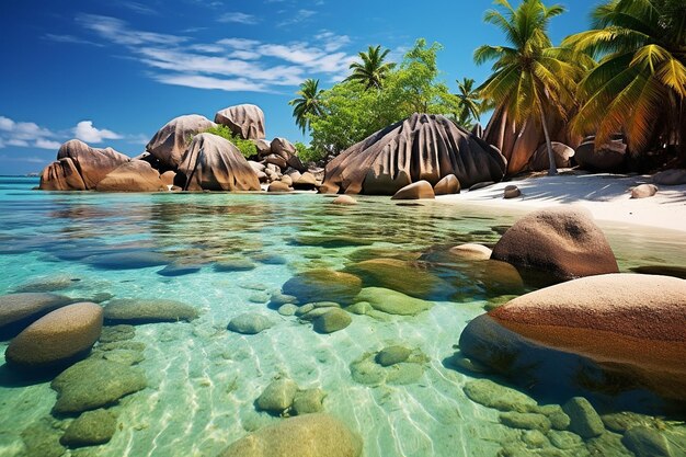 Playa tropical con piscinas rocosas