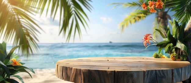 Playa tropical con un podio de madera que muestra productos de verano