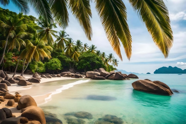 Una playa tropical con rocas y palmeras.