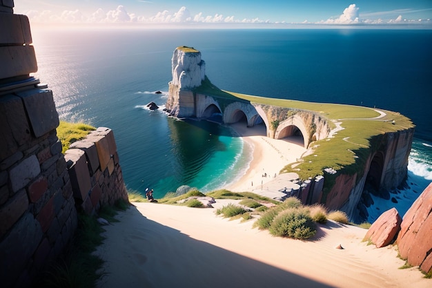 Una playa con un túnel y un faro en el lado izquierdo.