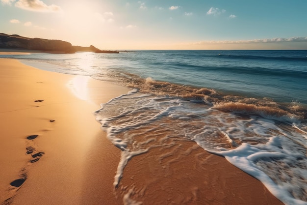 Playa vacía con aguas turquesas a la hora dorada