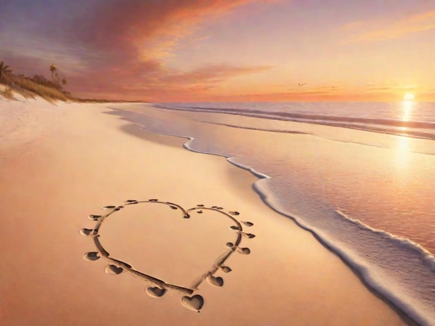 Una playa vacía al atardecer con una romántica paleta de colores cálidos Huellas en la arena llevan hacia un corazón dibujado en la orilla