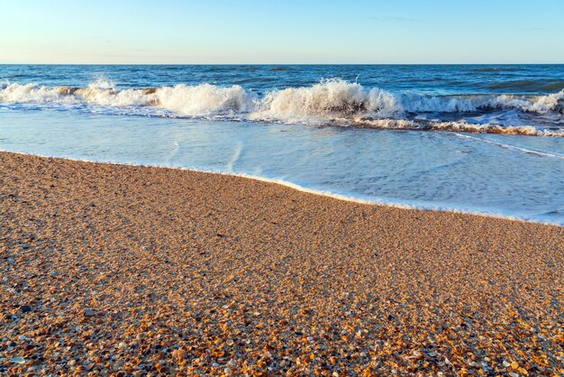 Playa vacía con arena amarilla y olas azules, cuarentena en el resort