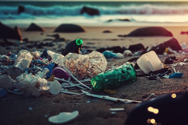 Foto una playa con vasos y botellas de plástico.