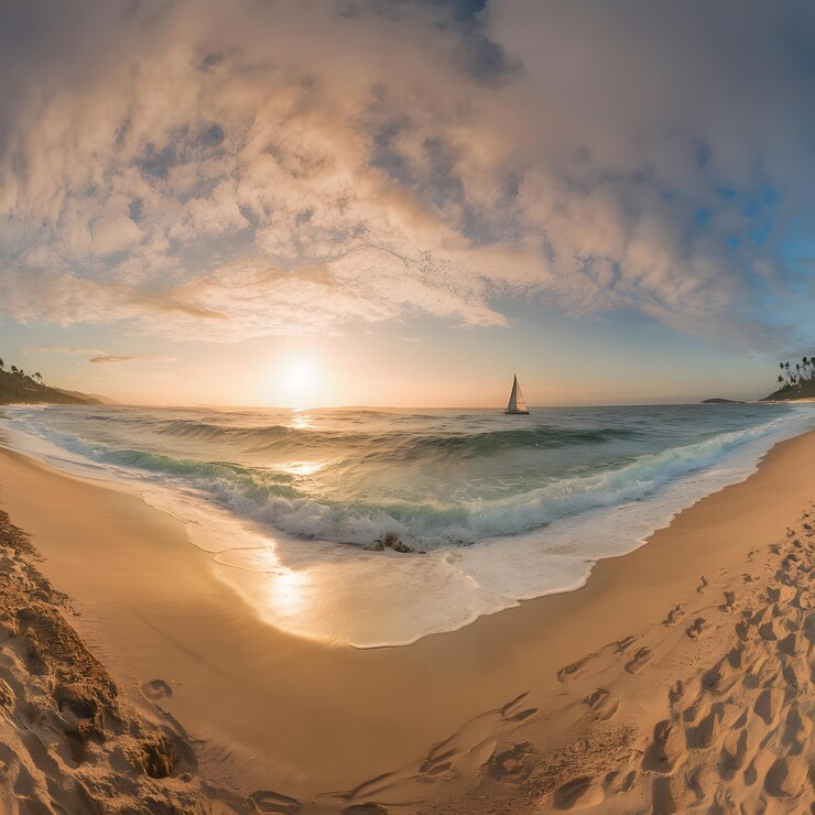 una playa con un velero en el agua y una escena de playa